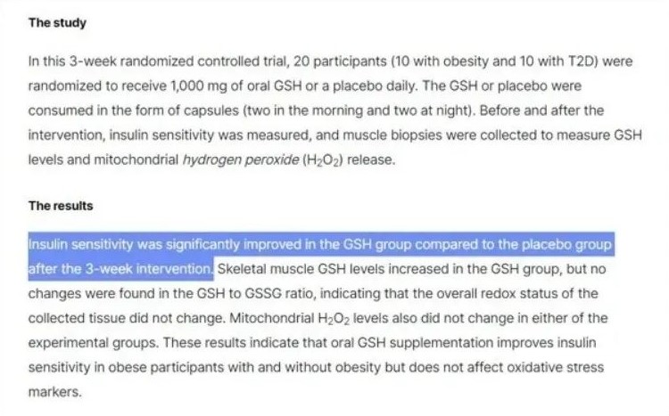 After 3 weeks of consumption, insulin sensitivity was significantly improved in the glutathione group compared to the placebo group.