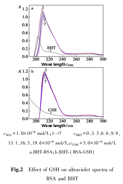 Fig.2 Effect of glutathione on ultraviolet spectra of BSA and BHT